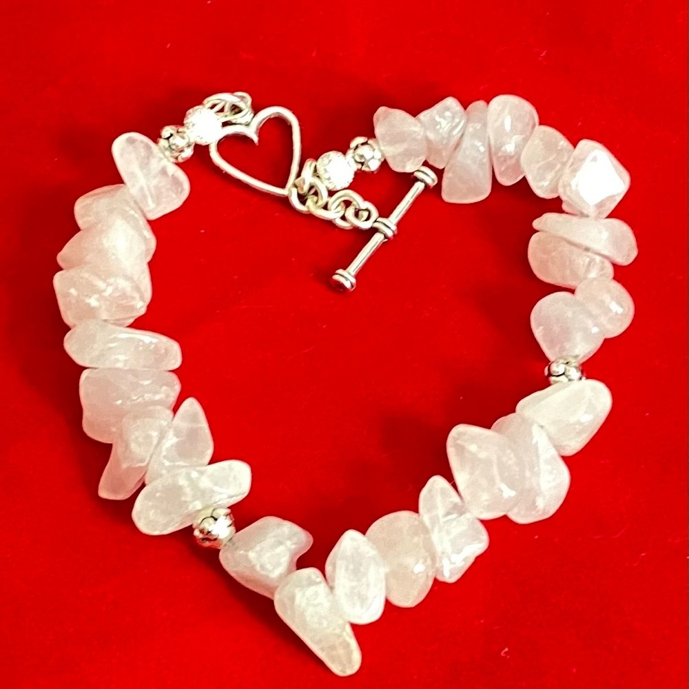 Handmade Rose Quartz Stone Bracelet Heart Toggle - Picture 2 of 5